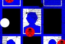 Digital illustration of connected blue human silhouettes, black boxes, and red skull icons on a grid background.