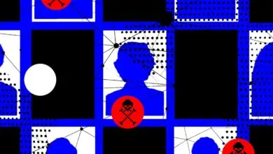 Digital illustration of connected blue human silhouettes, black boxes, and red skull icons on a grid background.