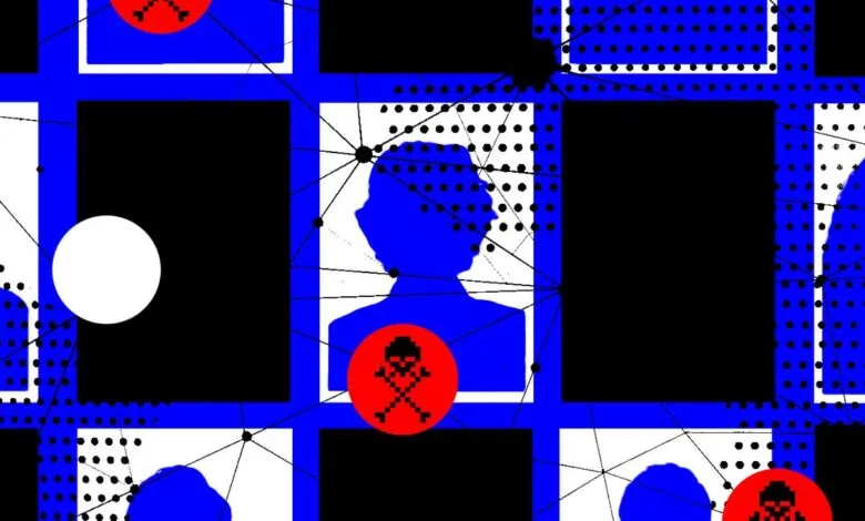 Digital illustration of connected blue human silhouettes, black boxes, and red skull icons on a grid background.