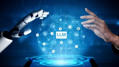 A robot hand and a human hand reach toward a glowing LLM network icon on a blue background.