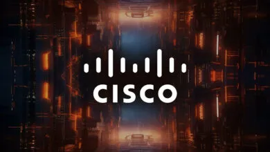 Cisco logo displayed centrally in front of a glowing futuristic digital neon tunnel.