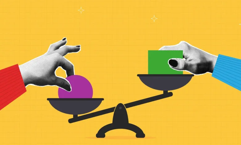 Two halftone hands place purple and green geometric shapes onto a scale on a yellow background.