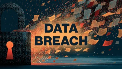Digital padlock spilling out documents and data against a dark blue background with text Data Breach.