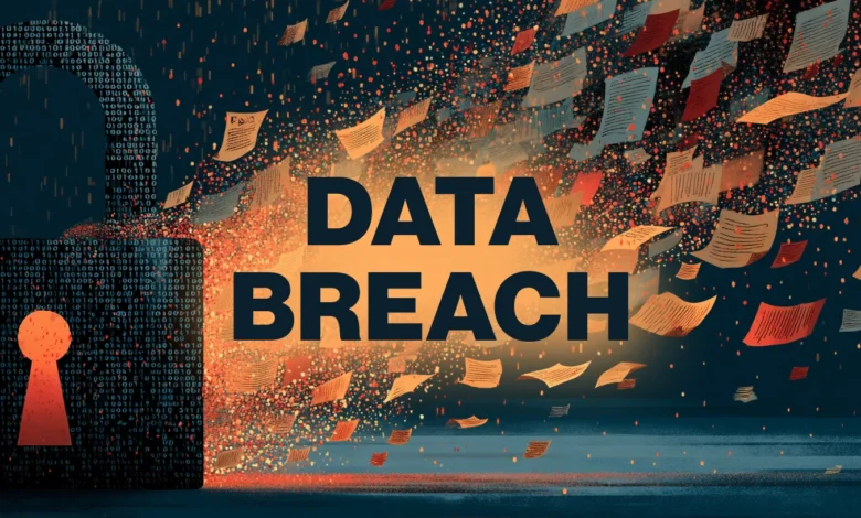 Digital padlock spilling out documents and data against a dark blue background with text Data Breach.