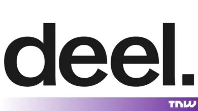 The Deel company logo in bold black lowercase letters on a clean white background with a TNW watermark.