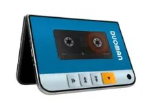 A foldable smartphone displaying a retro cassette tape interface with playback buttons.