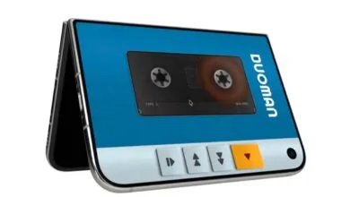 A foldable smartphone displaying a retro cassette tape interface with playback buttons.