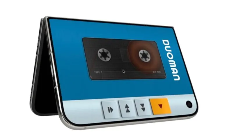 A foldable smartphone displaying a retro cassette tape interface with playback buttons.