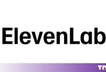 Black ElevenLabs logo on a plain white background with a purple TNW banner at the bottom