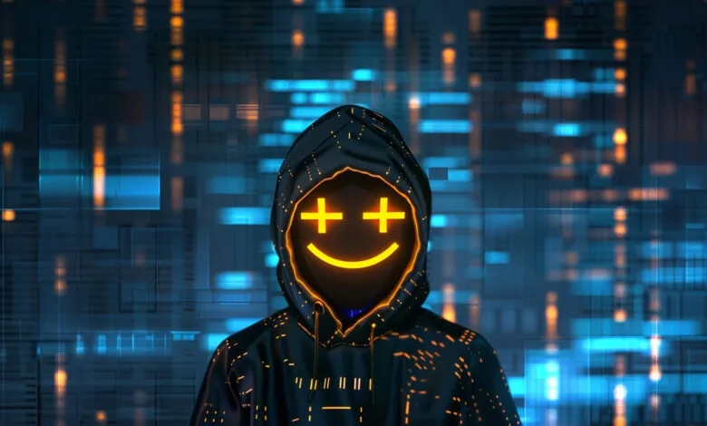 A hooded hacker figure wearing a glowing yellow smiley face mask against a digital blue background.