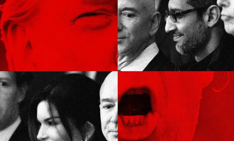 Collage featuring Donald Trump, Jeff Bezos, Sundar Pichai, and Mark Zuckerberg in high contrast red and black.