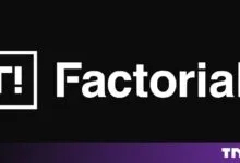 Factorial company logo in white text and symbol against a solid black background.