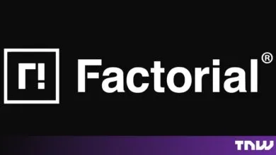 Factorial company logo in white text and symbol against a solid black background.