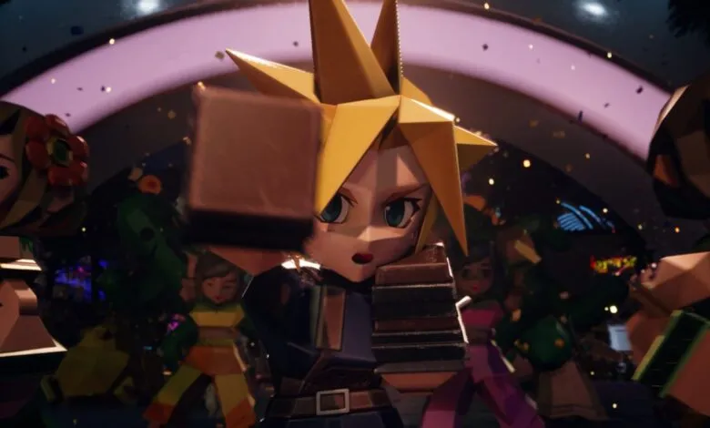 Low-poly Cloud Strife from Final Fantasy VII holds a chocolate bar in a celebratory scene.