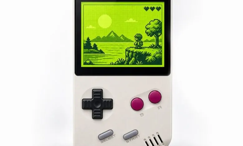 Close-up of a retro handheld gaming console displaying a pixelated landscape on a green screen.