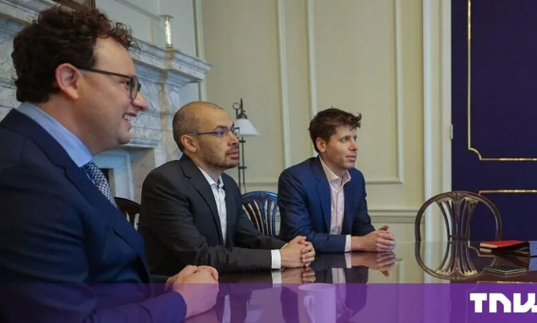 Tech leaders Dario Amodei, Demis Hassabis, and Sam Altman seated together at a conference table