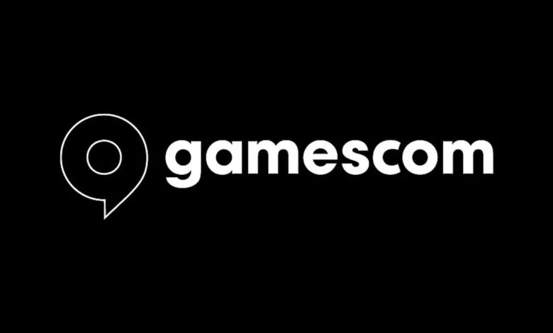 Gamescom logo in white on a solid black background, featuring a speech bubble icon.