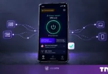Smartphone displaying a VPN application with active connection status and secure network icons.