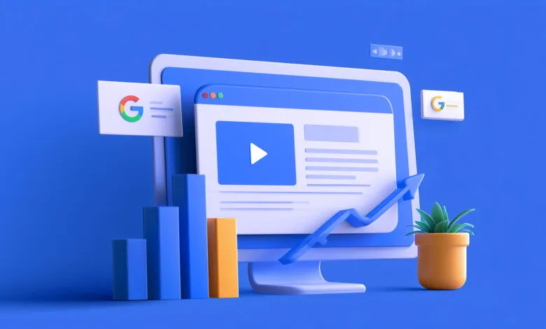 3D illustration of a computer monitor displaying Google analytics and ad reporting metrics.