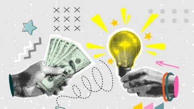 Halftone collage of a hand holding cash and another holding a glowing light bulb.