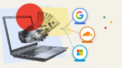 Illustration showing a laptop dispensing money connected to Google, Cloudflare, and Microsoft logos via dotted lines.