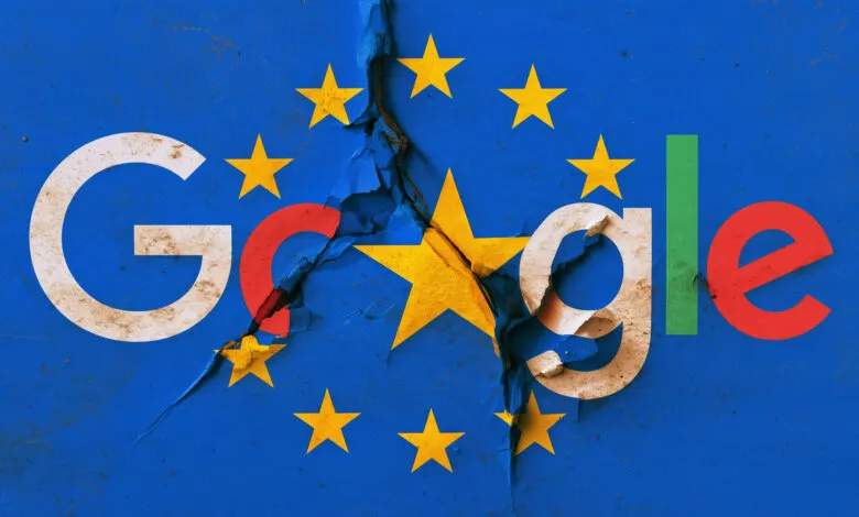 Google logo overlaid on a cracked European Union flag with a large fissure splitting the design.