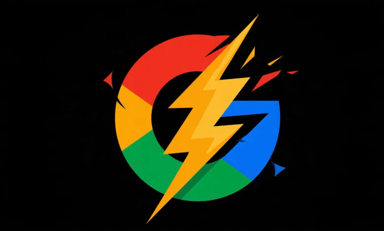A stylized Google logo in red, yellow, green, and blue shattered by a glowing yellow lightning bolt.
