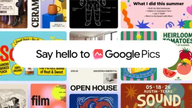 Collage of colorful graphic designs with a central Google Pics banner