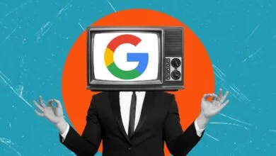 A person in a suit with a vintage television head displaying the Google logo.
