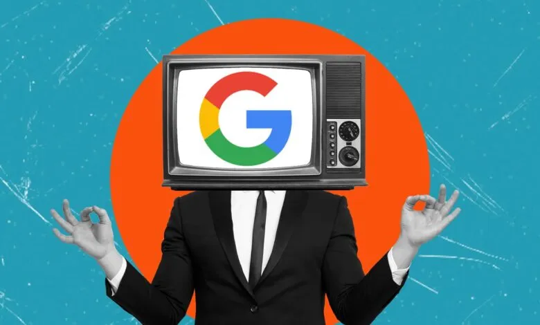 A person in a suit with a vintage television head displaying the Google logo.