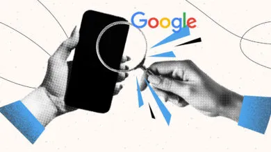 Halftone illustration of hands holding a smartphone and a magnifying glass with the Google logo.