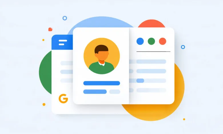 Colorful 3D illustration of a Google Search profile card layout against an abstract background.
