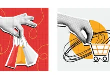 Retro halftone illustrations of hands holding shopping bags and a cart against colored backgrounds.