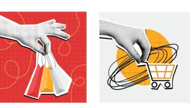 Retro halftone illustrations of hands holding shopping bags and a cart against colored backgrounds.