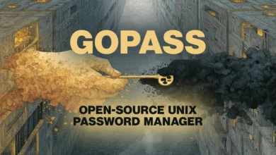 Gopass open-source Unix password manager graphic with a golden key held between two contrasting hands