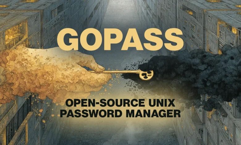 Gopass open-source Unix password manager graphic with a golden key held between two contrasting hands