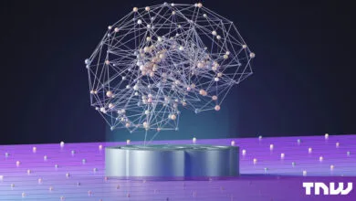 A glowing digital brain network composed of spheres and lines floating above a purple grid surface.