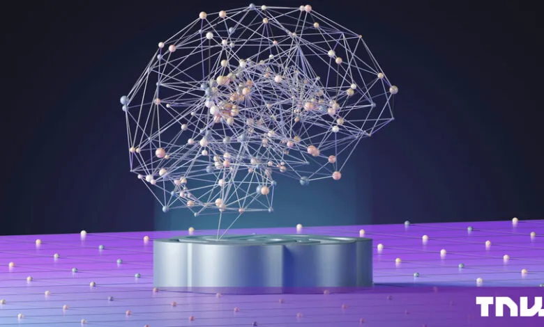 A glowing digital brain network composed of spheres and lines floating above a purple grid surface.