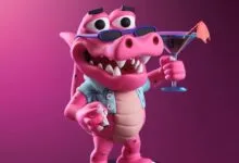 3D printed pink alligator character wearing sunglasses and holding a cocktail against a magenta background