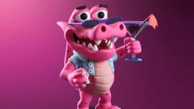 3D printed pink alligator character wearing sunglasses and holding a cocktail against a magenta background