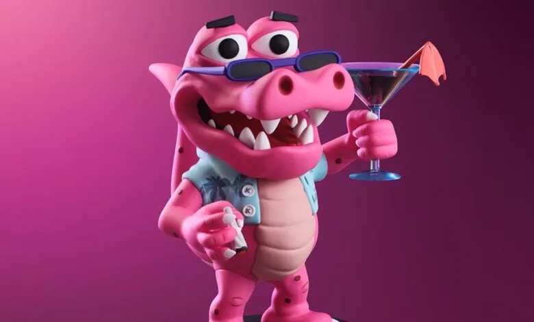 3D printed pink alligator character wearing sunglasses and holding a cocktail against a magenta background