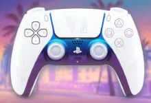 Custom white and purple GTA 6 themed PlayStation 5 DualSense controller with tropical sunset background