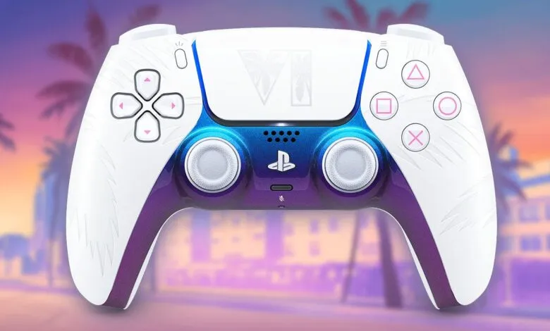 Custom white and purple GTA 6 themed PlayStation 5 DualSense controller with tropical sunset background