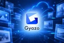 Futuristic blue Gyazo logo surrounded by floating digital image windows and cloud graphics.