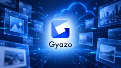 Futuristic blue Gyazo logo surrounded by floating digital image windows and cloud graphics.