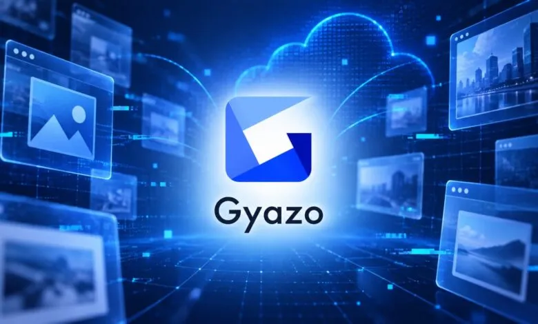 Futuristic blue Gyazo logo surrounded by floating digital image windows and cloud graphics.