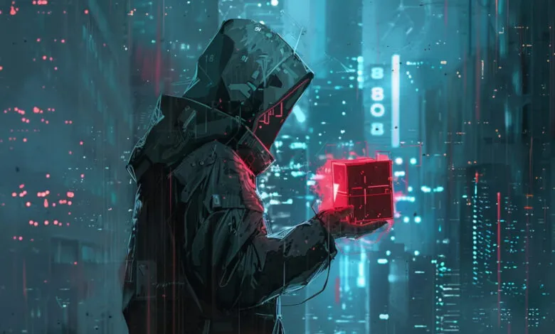 A hooded cyberpunk figure holding a glowing red digital cube in a neon-lit futuristic city.