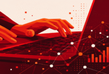 Illustration of hands typing on a laptop with data network overlay and graphs.