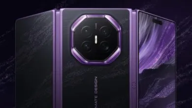 Close-up of the purple Huawei Mate XT Ultimate Design tri-fold smartphone showing the camera module