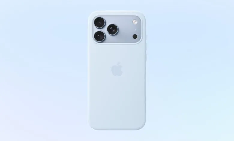 Back of light blue iPhone case featuring a triple-lens camera module and Apple logo.